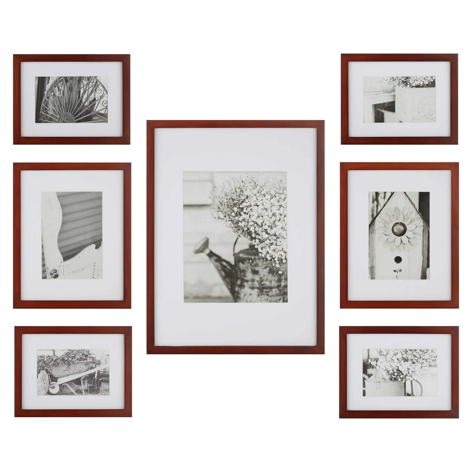 Gallery Perfect 7 Piece Walnut Gallery Wall Kit Picture Frame Set with Decorative Art Prints & Hanging Template, Multi-Size