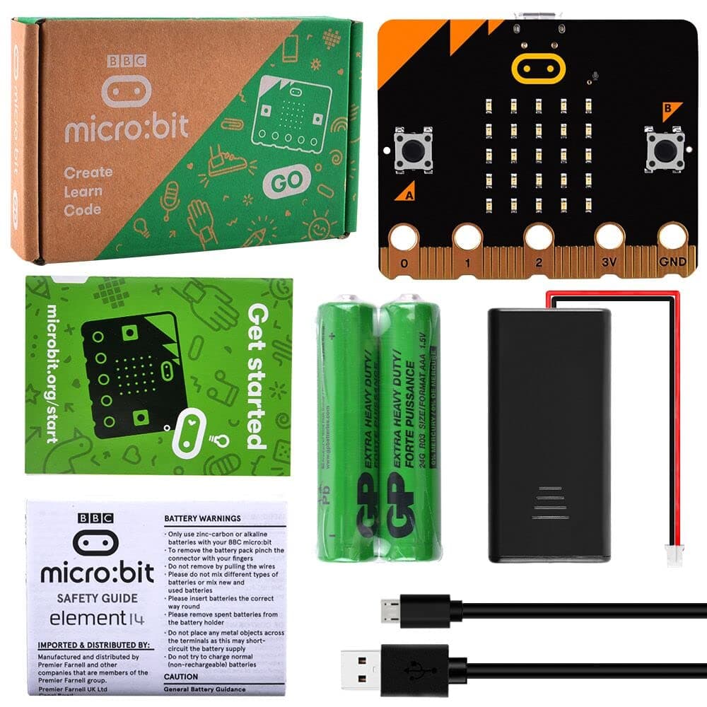 BBC Micro:bit V2 Go Kit Original Microbit MB V2 Starter Kit,with BBC Micro:bit V2 Development Board,Battery Holder,2 AAA Batteries,Micro USB Cable for Coding and Programming