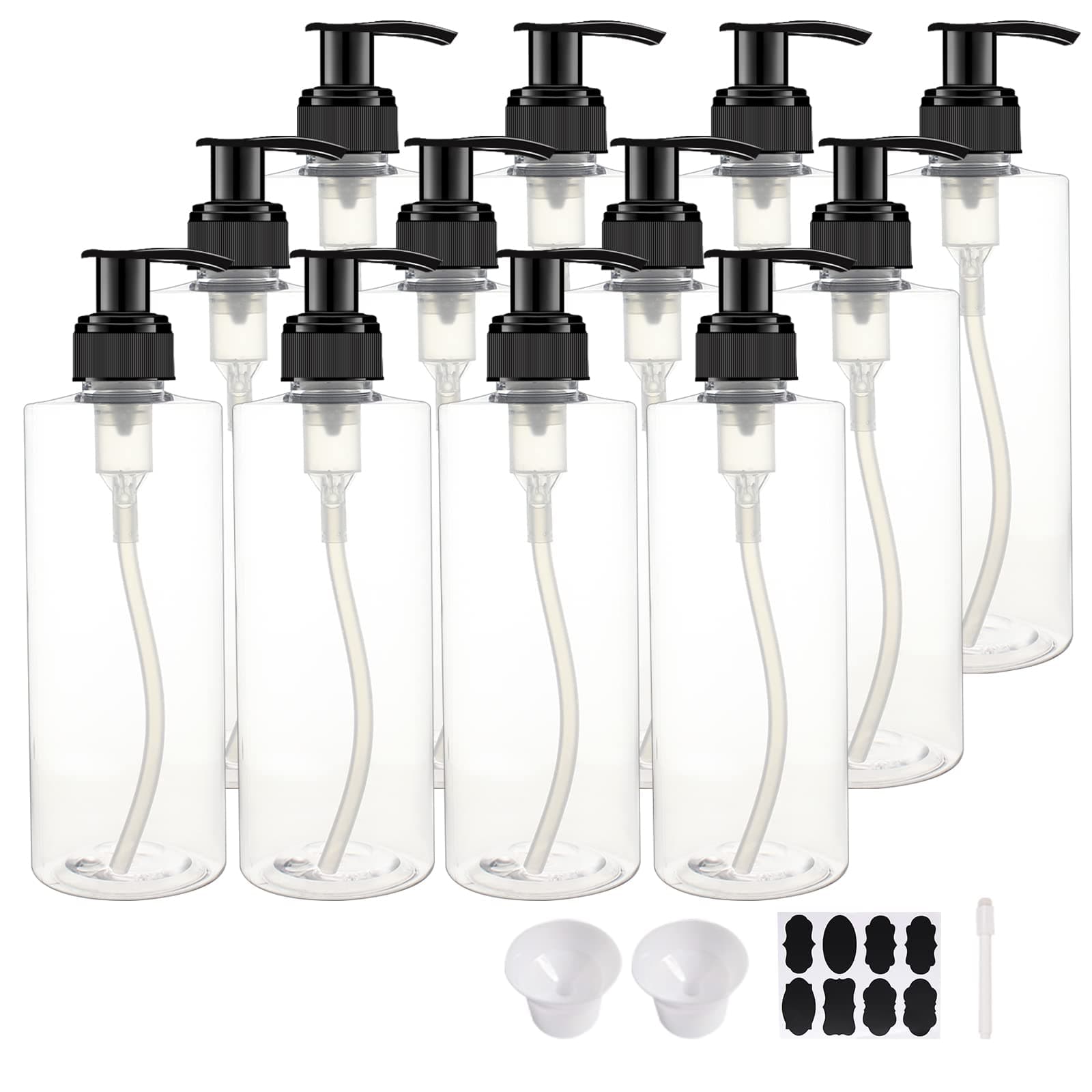 12 Pack 8 oz Plastic Pump Dispenser Bottles for Massage Oil, Shampoo, Lotions, Body Wash Pump Bottles, Cream Refillable Containers with Pump, 2 Funnel, 18 Chalk Labels