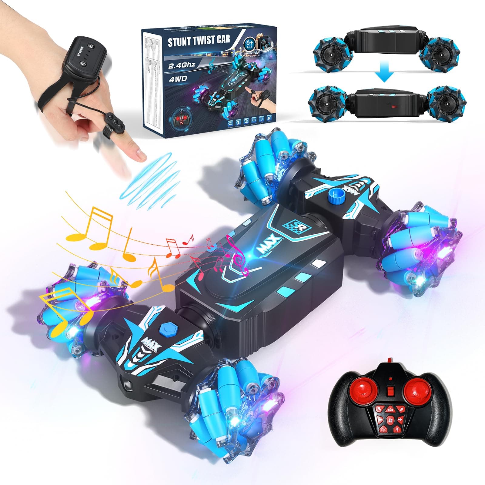 AYIQUTY RC Stunt Car, Remote Control Car with Gesture Control, 2 Sided 360° 2.4Ghz 4WD RC Drift Cars with Lights Spray Music, Birthday Gifts for 6-13 year old Boys Girls (RC STUNT AUTO)