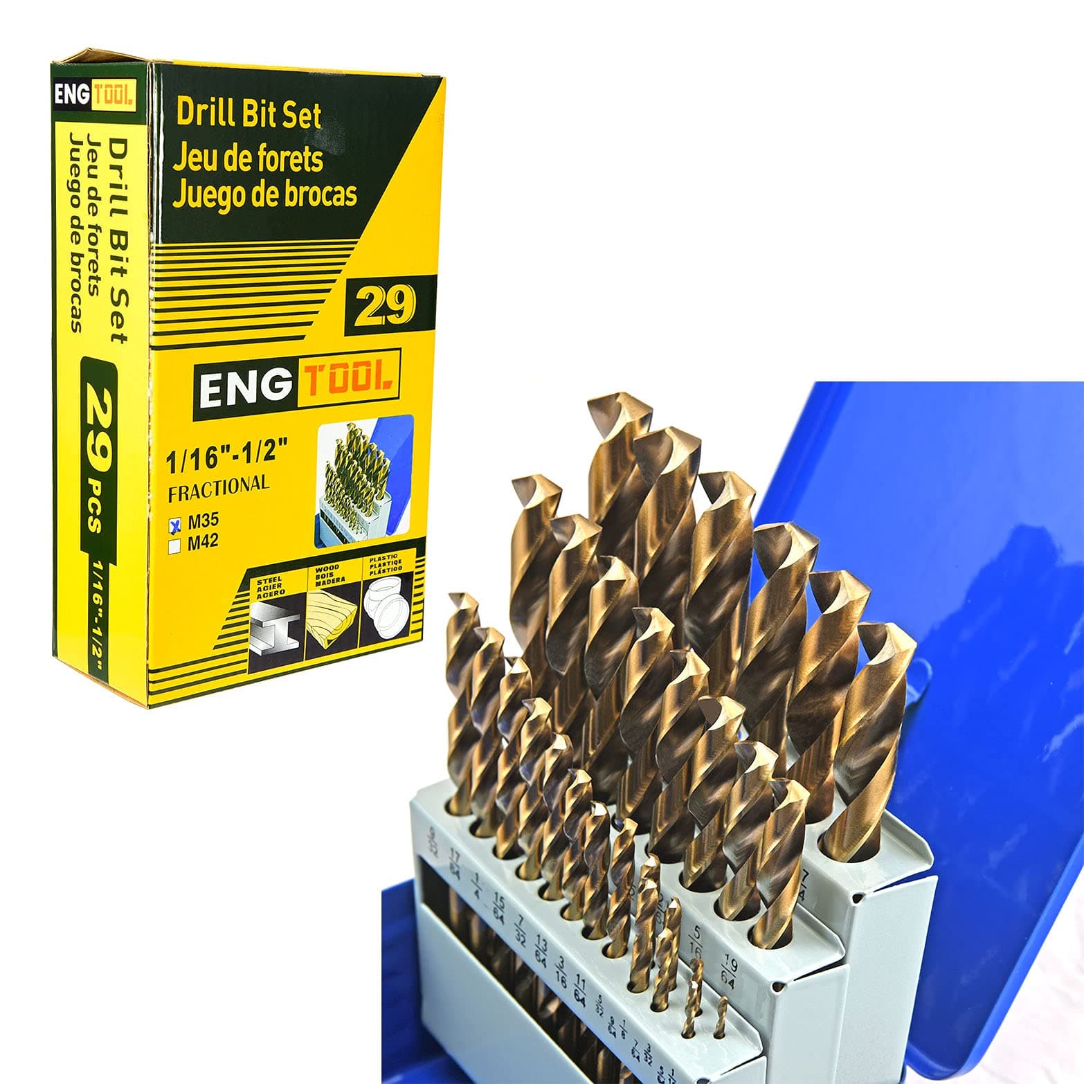 29-Piece Twist Drill Bit Set 5% Cobalt M35 Jobber Length Fully Ground for Hardened Steel Metal Cast Iron Sizes 1/16“ to 1/2”; JBS35G10R029