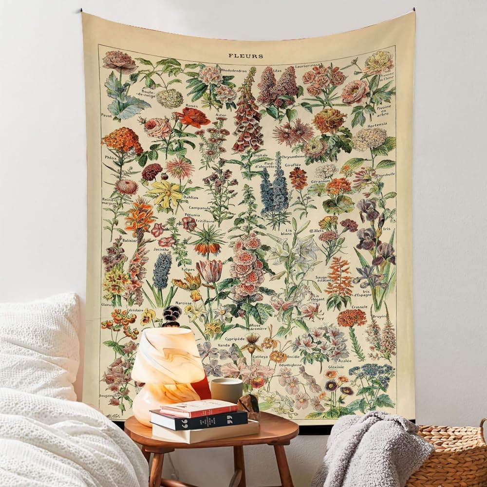 Vintage Flowers Tapestry 48”x36”, Long Vertical Wall Hanging Reference Illustrative Botanical Tapestries for Bedroom Aesthetic Floral Tapistry Botanical Plants Tapestry Wall Hanging Cute Bedroom Decor