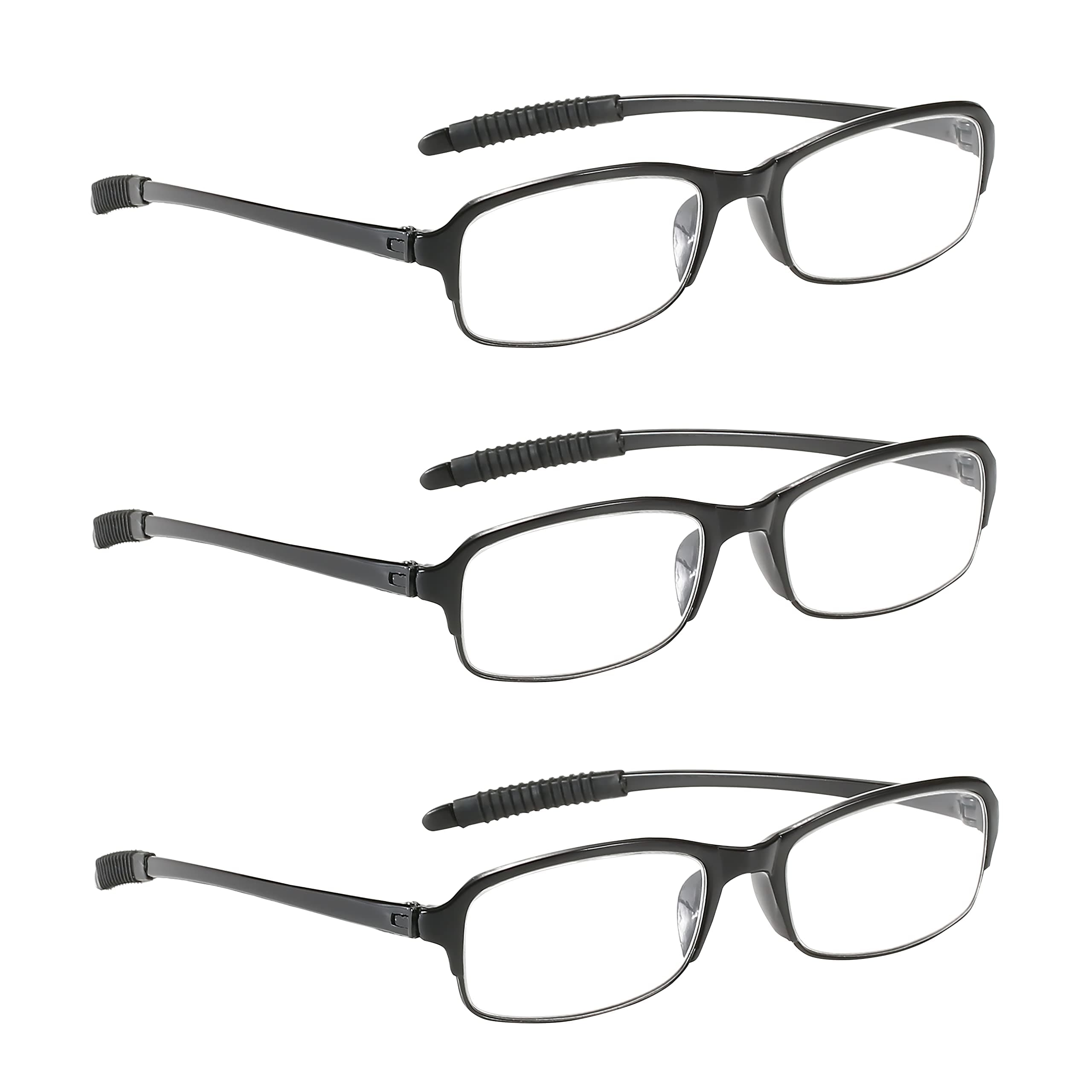 PROFLEX SpareSpecs Reading Glasses (value 3 pack) lightweight, impact resistant, scratch resistant, flexible, anti-slip, unisex (mens + womens) +1.0, +1.5, +2.0, +2.5, +3.0, +3.5, +4.0 (oval, black)