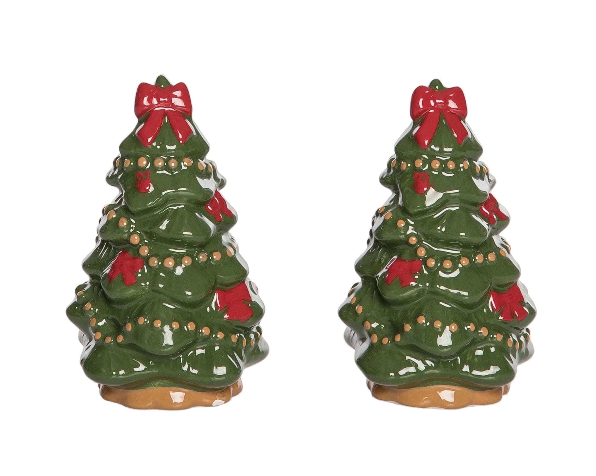 Ceramic Bow Tree Salt and Pepper Shakers - 4.25" Christmas Tree Salt Shaker Set - Holiday Kitchen Decor