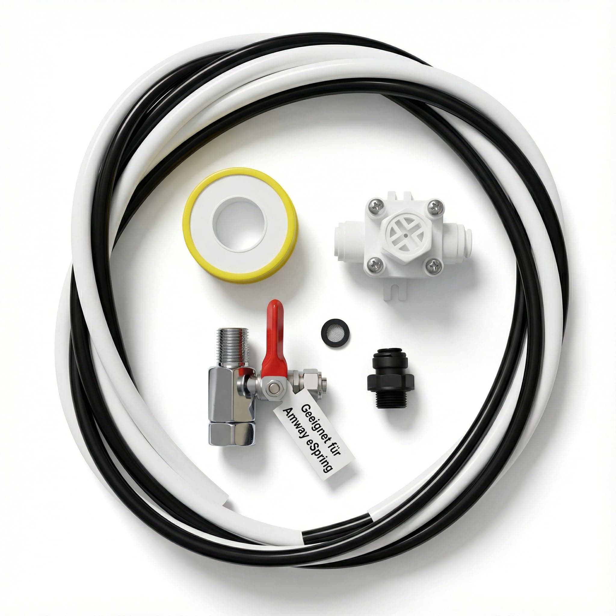 Connection set suitable for Amway eSpring water filter to any three way tap including shut-off valve. Also suitable for an additional one way tap.