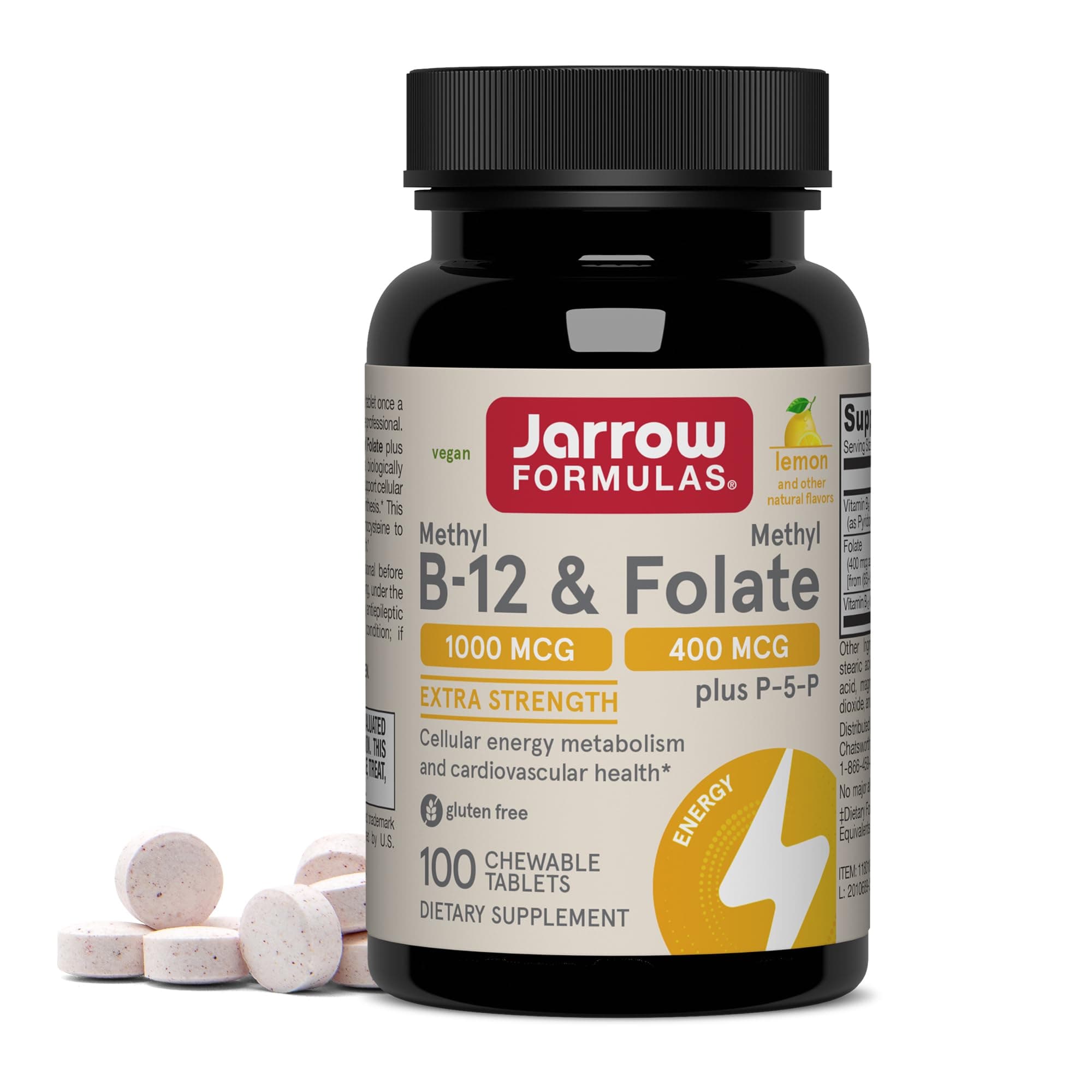Jarrow Formulas Methyl B-12 & Methyl Folate - 100 Chewable Tablets, Lemon - Bioactive Vitamin B12 & B9 - Supports Energy Production, Brain Function & Metabolism - Gluten Free - 100 Servings