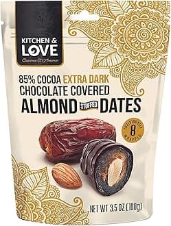 Chocolate Covered Almond Stuffed Dates in a Convenient Resealable Pouch, 8 Individually Wrapped Pieces, 85% Extra Dark Chocolate, Healthy Snack, 3.5 oz, Pack of 1