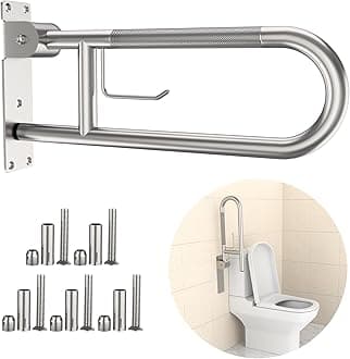 Toilet Grab Bar 22.4 Inch, YuanDe Brushed Nickel Anti-Slip Support Rail, U Shaped Flip-Up Grab Bar with Paper Holder, Stainless Steel Knurled Handicap Safety Handrails for Disabled Elderly Pregnant