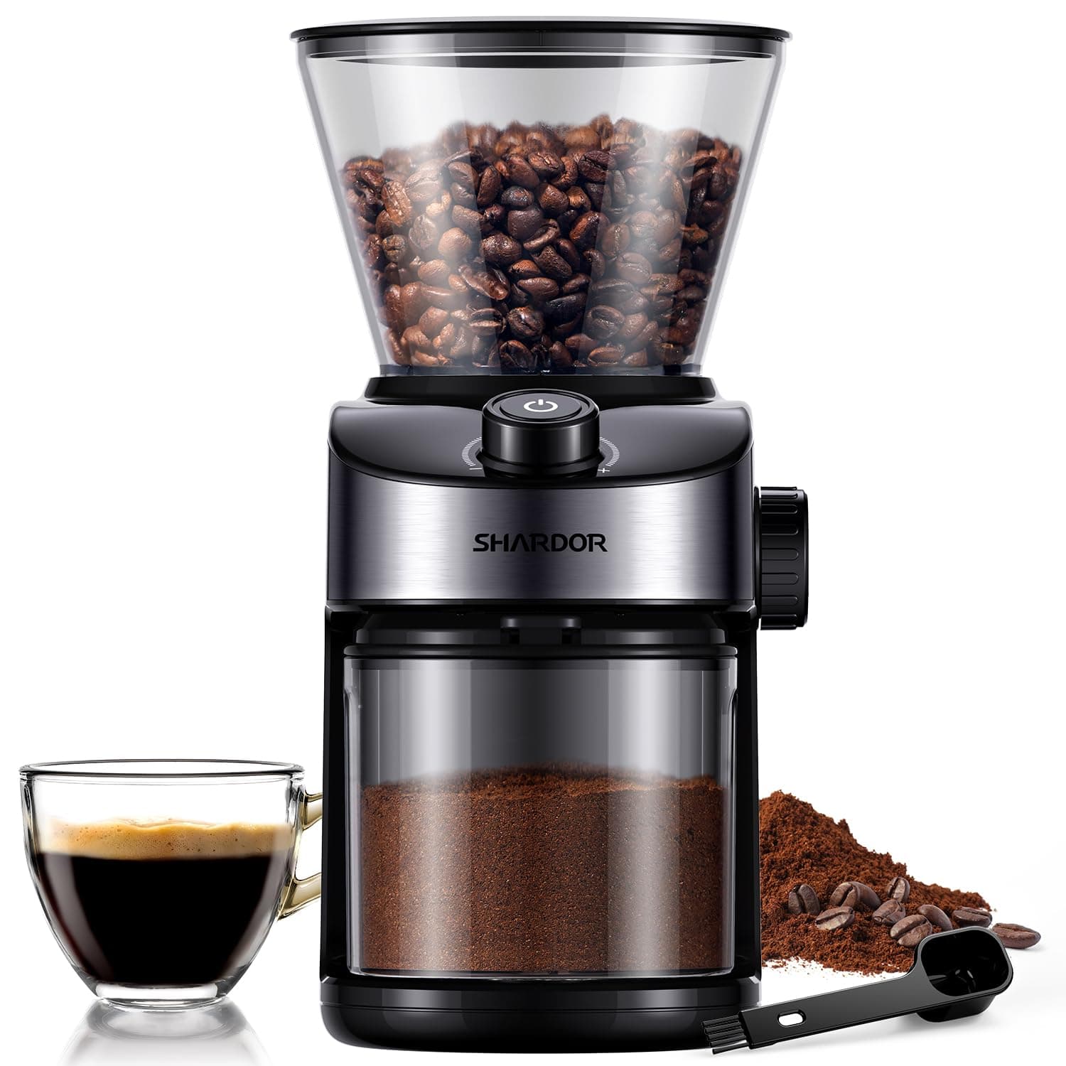 Coffee Grinder Burr Electric, 25 Precise Grind Setting, 40-Second Adjustable Timer, Chamber Cleaning Button, Designed for Espresso, Drip Coffee, and French Press, Black