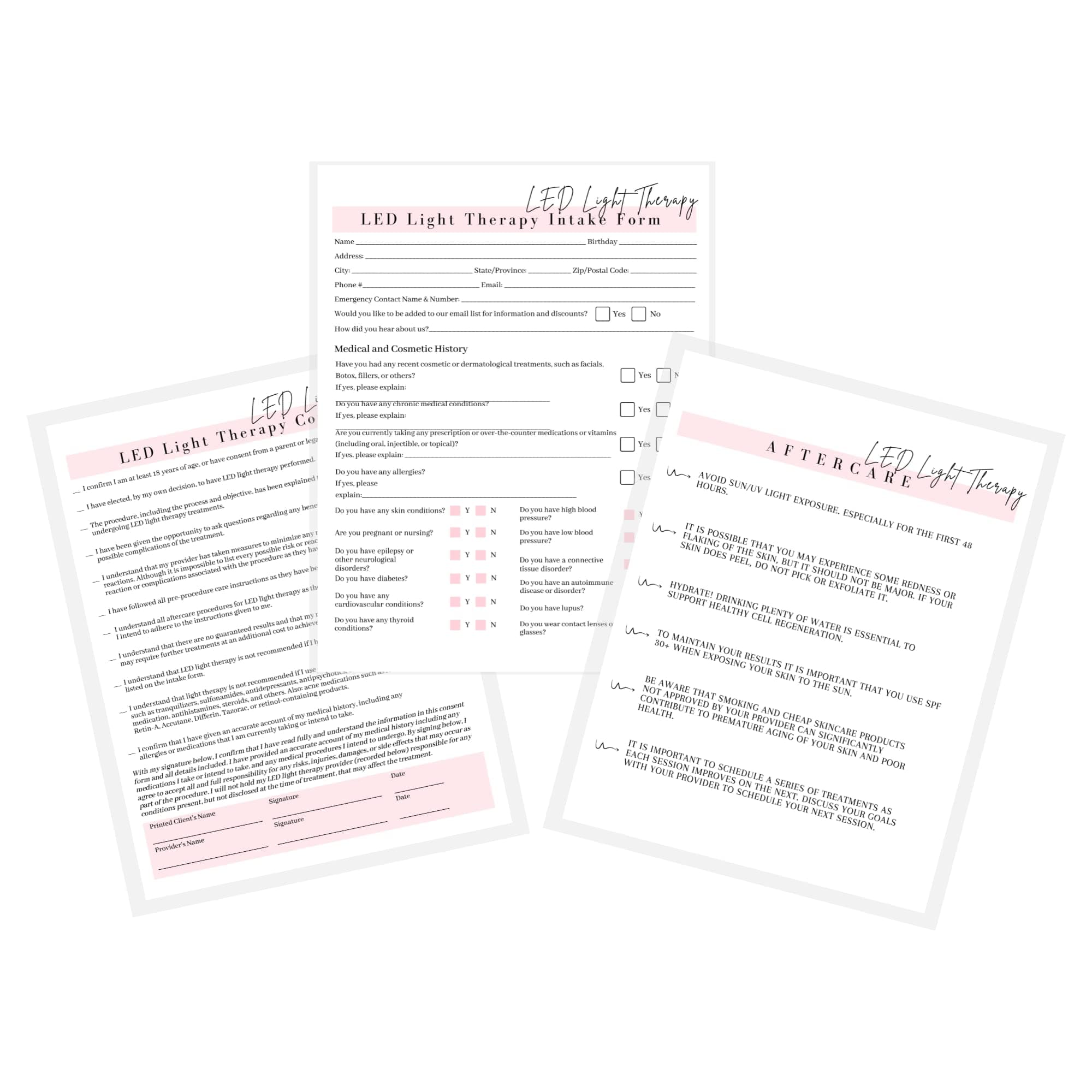 LED Light Therapy Intake, Consent, and Aftercare Form | 75 Pack | 8.5 x 11" A1 Forms | Clients Signature | Client Forms Bundle | White and Pink Design