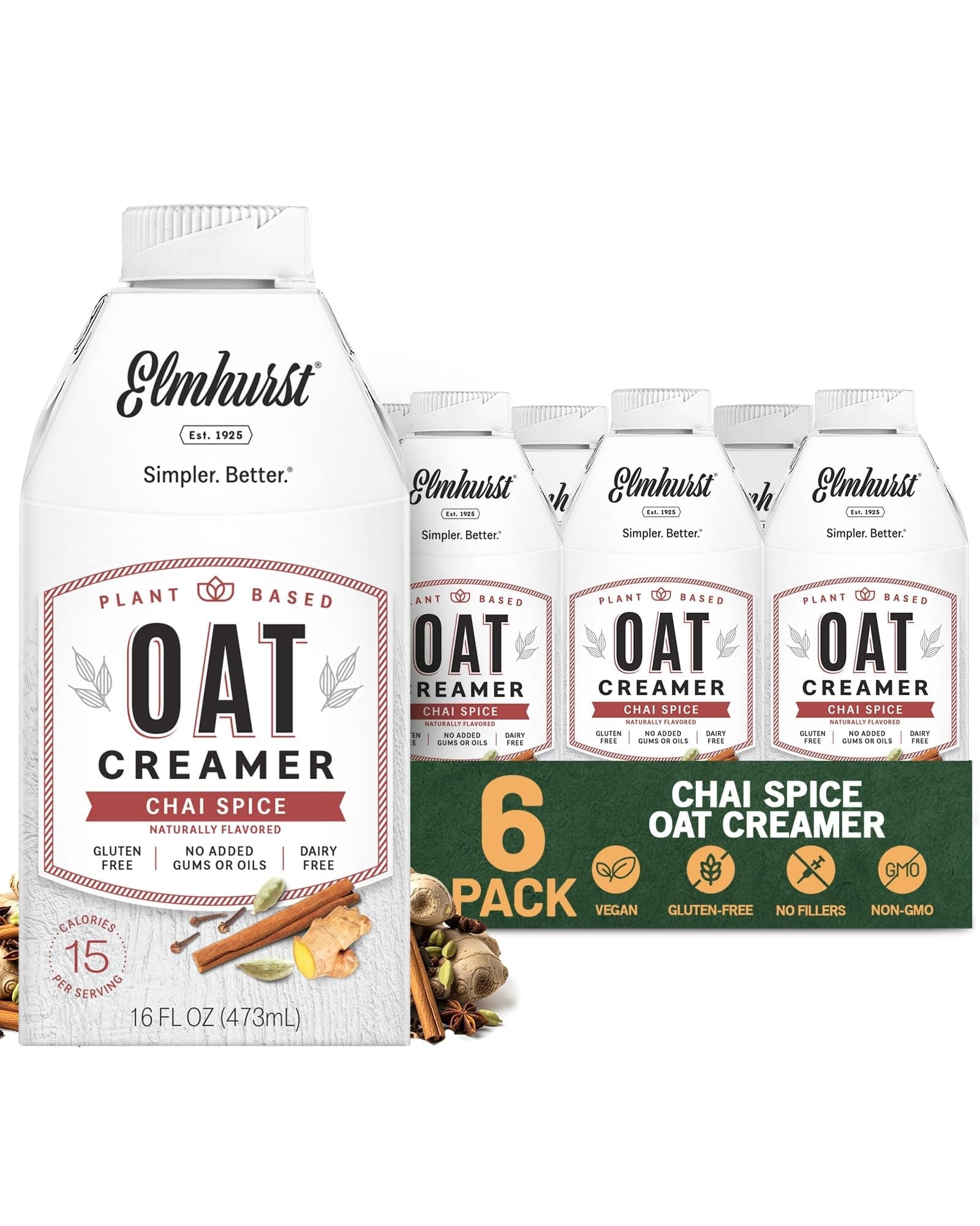 1925 Chai Spice Oat Creamer - 16 Ounce (Pack of 6) Dairy-Free, Vegan, Kosher, Low Sugar, Shelf Stable Creamer Made with Oat Grains & Chai Spice for Healthier, Simpler Plant Based Alternatives
