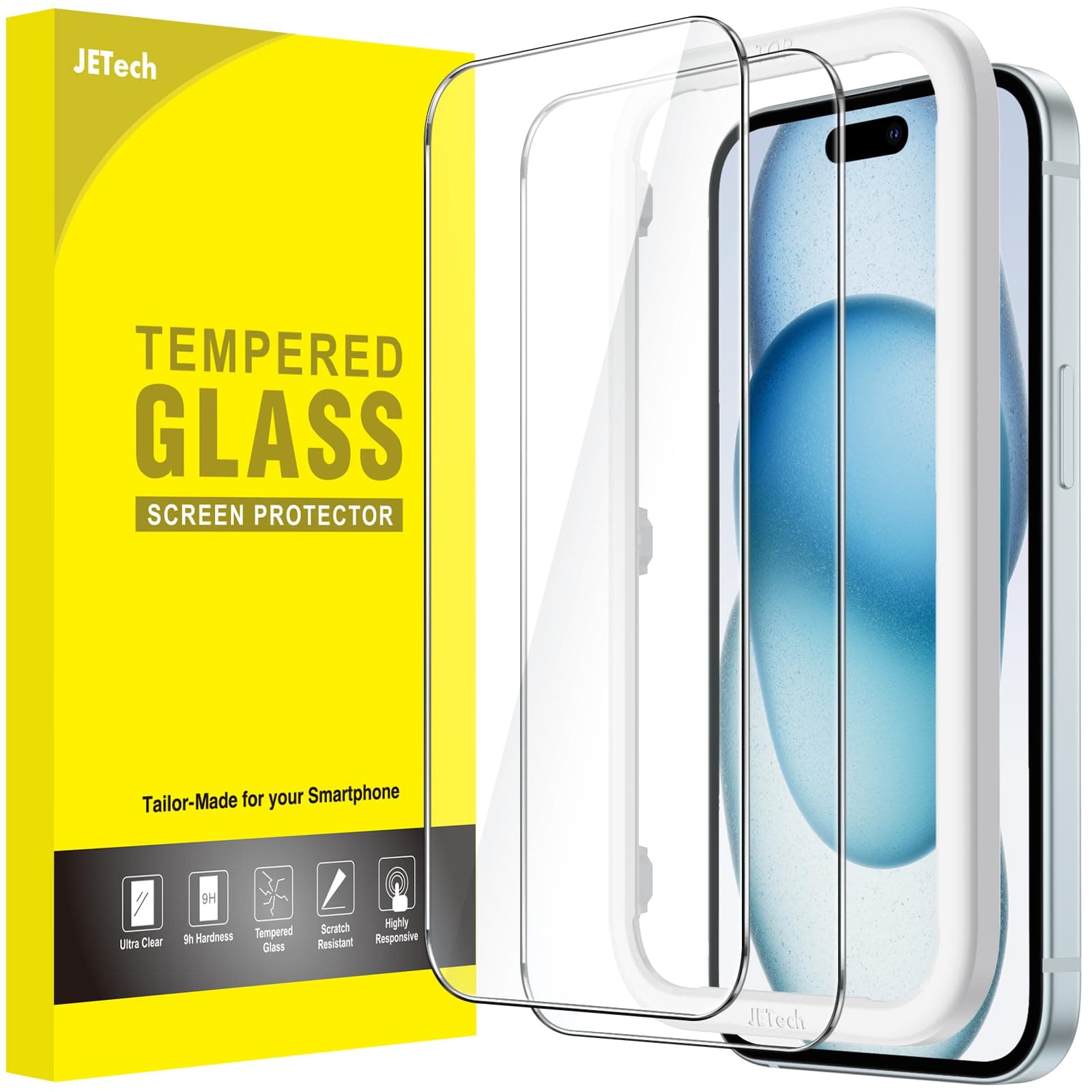 JETech Screen Protector for iPhone 15 Plus 6.7-Inch, Bubble Free, Tempered Glass Film with Easy Installation Tool, Case-Friendly, HD Clear, 2-Pack