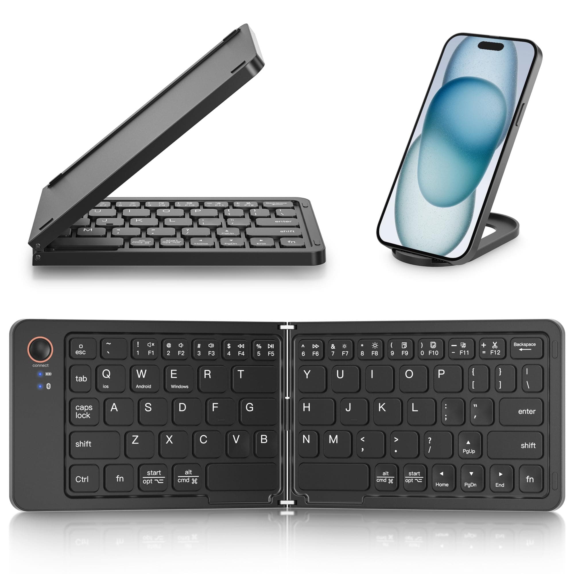 Mini Foldable Bluetooth Keyboard - Portable Wireless Full Size Keyboard (Sync Up to 3 Devices), Ultra-Slim Aluminum Travel Folding Keyboards for iPhone iPad Mac Android Windows iOS (Black)