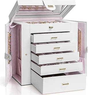 AKOZLIN Extra Large 6-Tier Jewelry Box Organizer with Mirror, 5 Drawers Leather Jewelry Storage Case for Women Girls Ring Necklace Earring Bracelet White