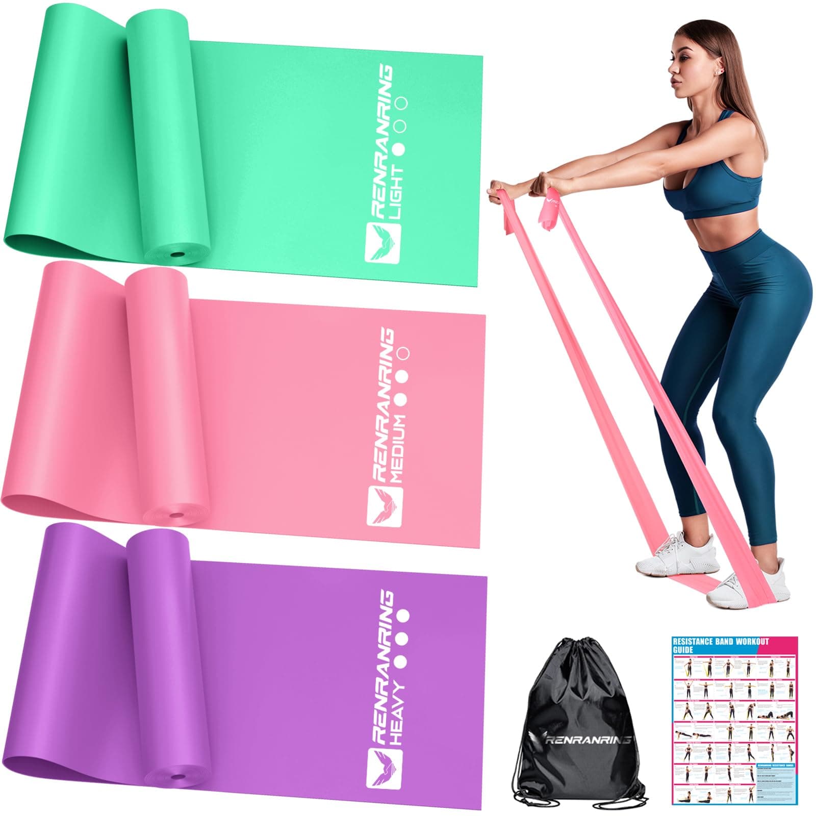 RENRANRING Resistance Bands for Working Out, Exercise Bands for Physical Therapy, Stretch, Recovery, Pilates, Rehab, Strength Training and Yoga Starter Set