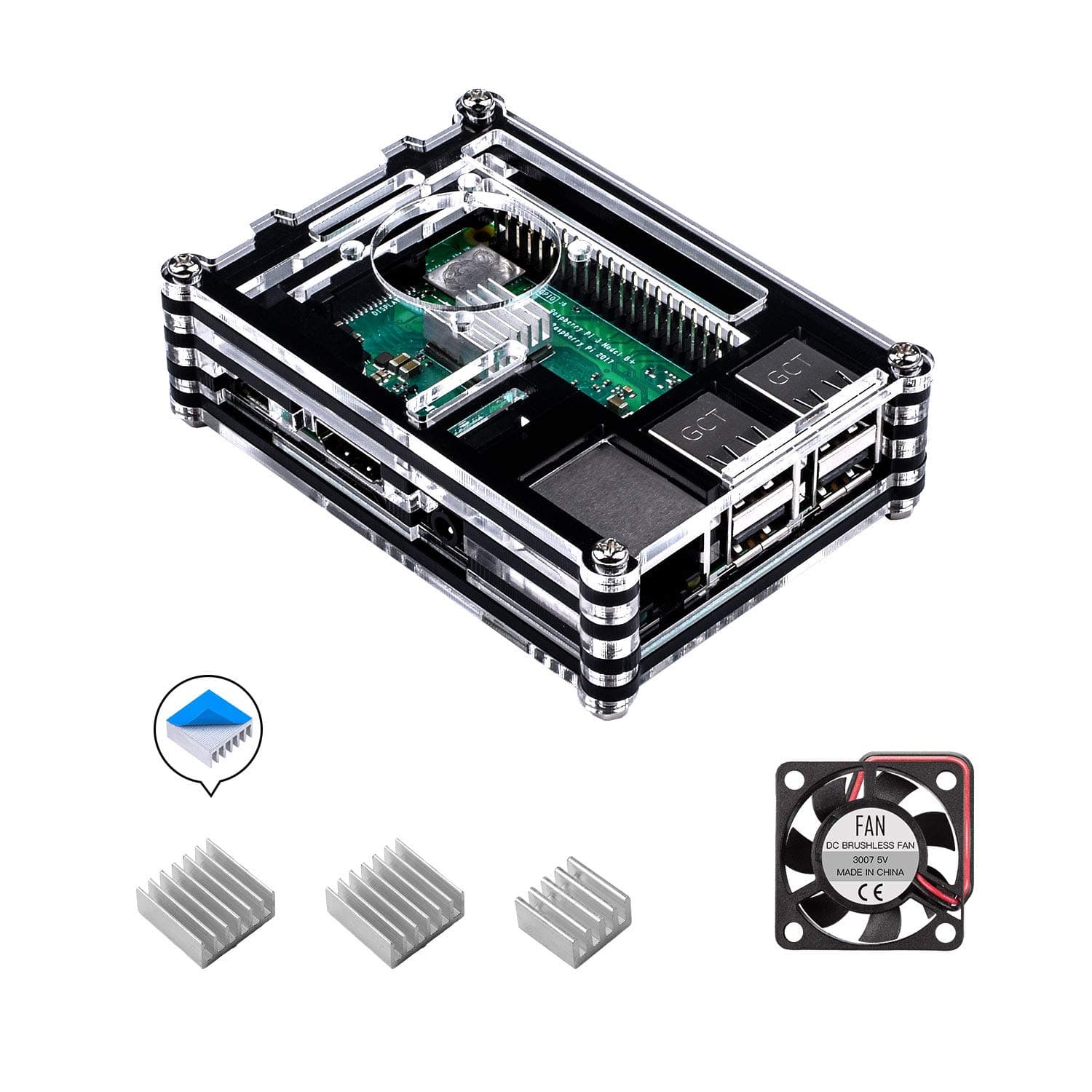 Raspberry Pi 3 B+ Case, Raspberry Pi Case with Fan Raspberry Pi Heatsink Raspberry Pi Fan for Raspberry Pi 3 B+ & Compatible with Raspberry Pi 3 Model B, Pi 2 Model B, Pi B+ (Black&Clear)