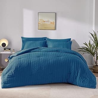 CozyLuxKing Seersucker Comforter Set with Sheets Teal Bed in a Bag 7-Pieces All Season Bedding Sets with Comforter, Pillow Sham, Flat Sheet, Fitted Sheet, Pillowcase