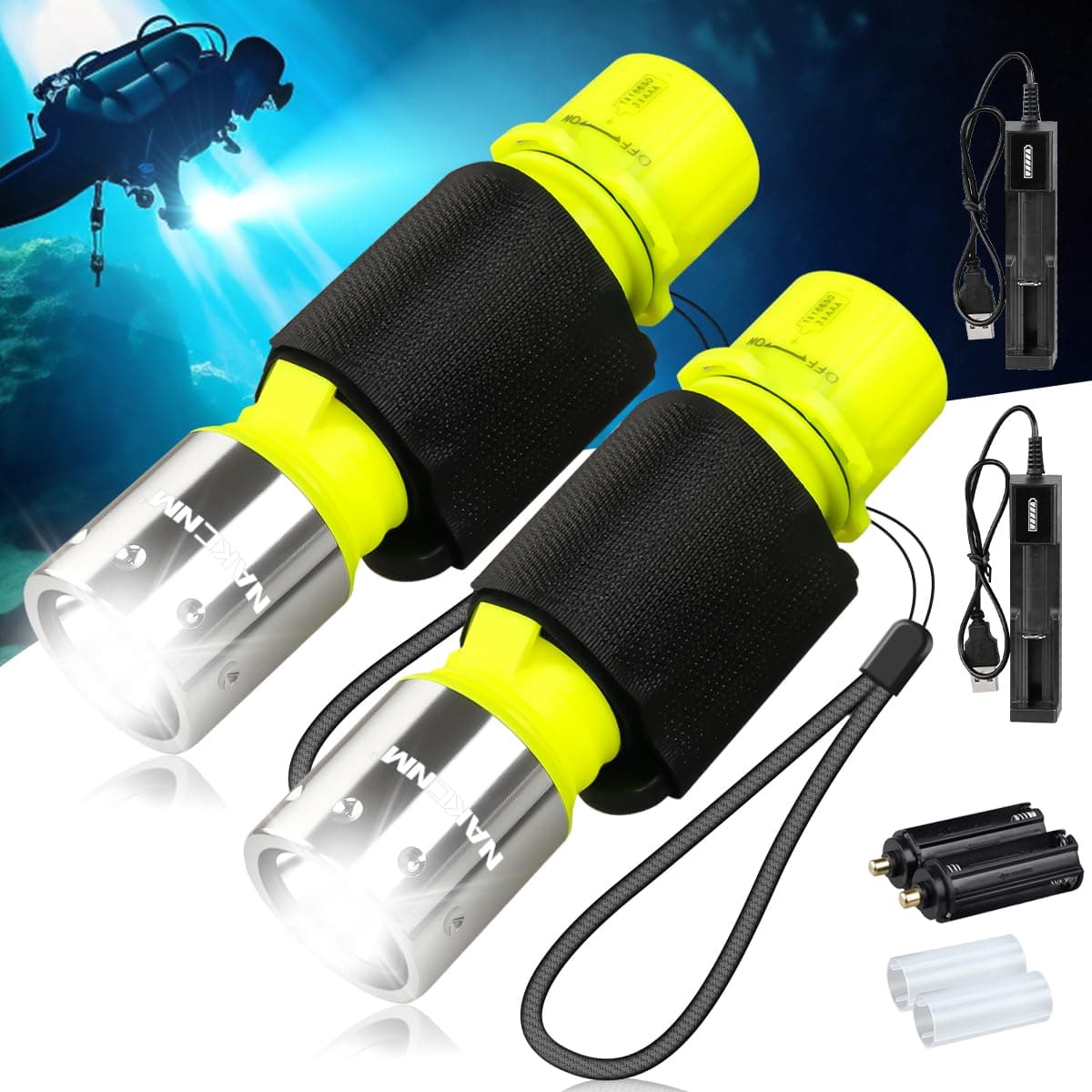 2 Pack Diving Flashlight,Supper Bright LED Diving Light Scuba Safety Light 3 Modes Underwater Torch for Scuba Diving or Other Underwater Activities and Outdoor Activities with Battery and USB Charger