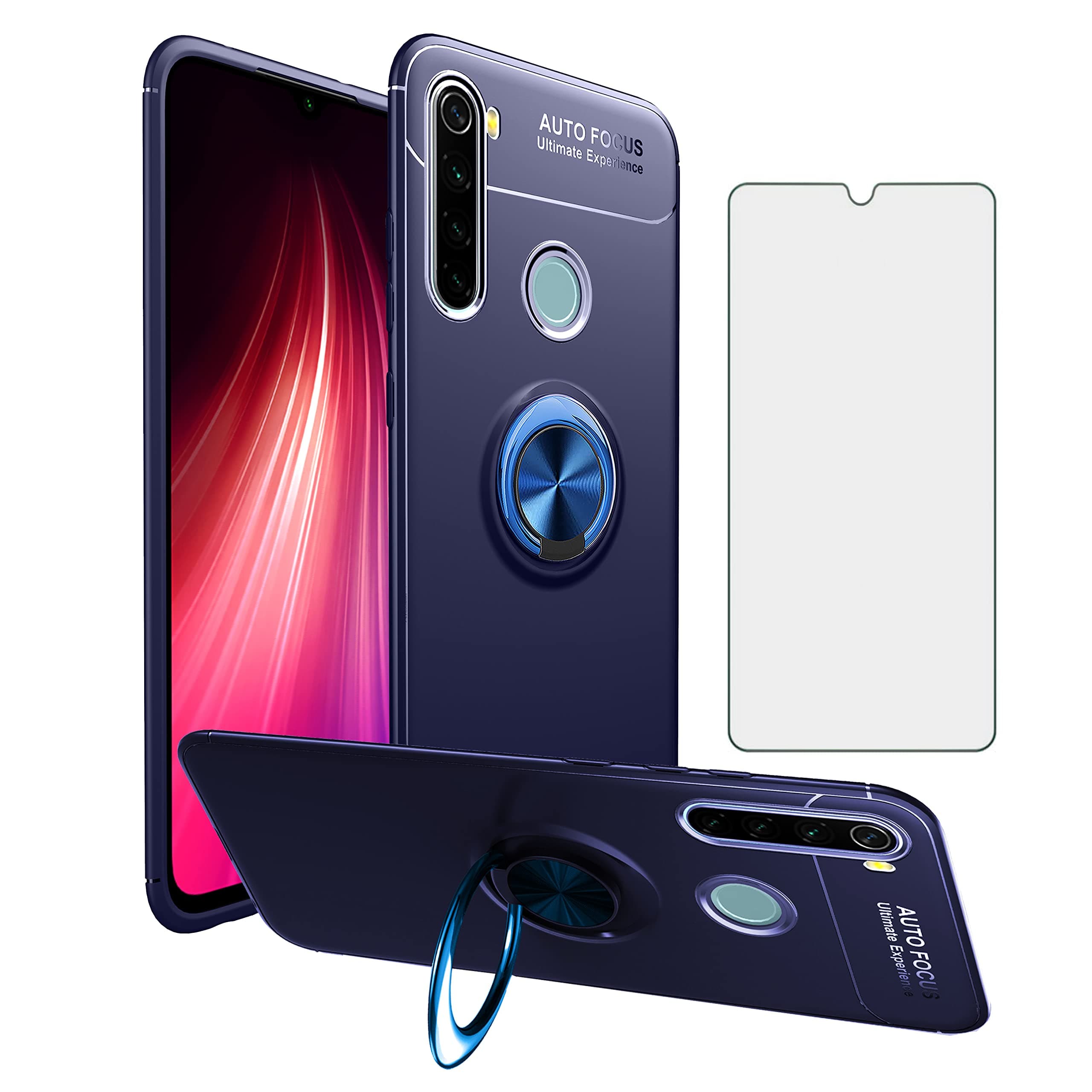 Asuwish Phone Case for Xiaomi Redmi Note 8 with Tempered Glass Screen Protector Cover and Cell Accessories Stand Kickstand Ring Holder Soft TPU Silicone Protective Slim Redme Note8 Women Men Blue