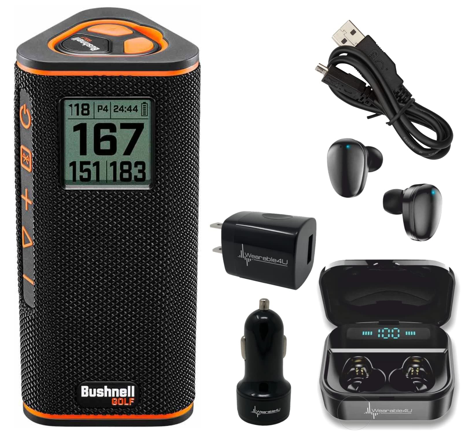 - Bushnell Wingman View Golf GPS Bluetooth Speaker with Ultimate Black Earbuds and Wall and Car Chargers Bundle