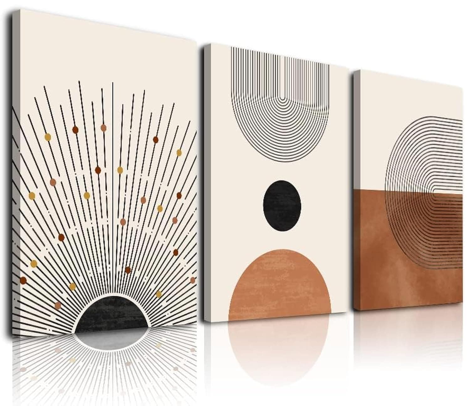 KBKBART Abstract Boho Wall Art, Mid-Century Modern Prints, Framed Canvas Art Living Room, Minimalist Neutral Beige Brown Sun Geometry Black Line Artwork Paintings, Room Decor Ready (AMZT151)