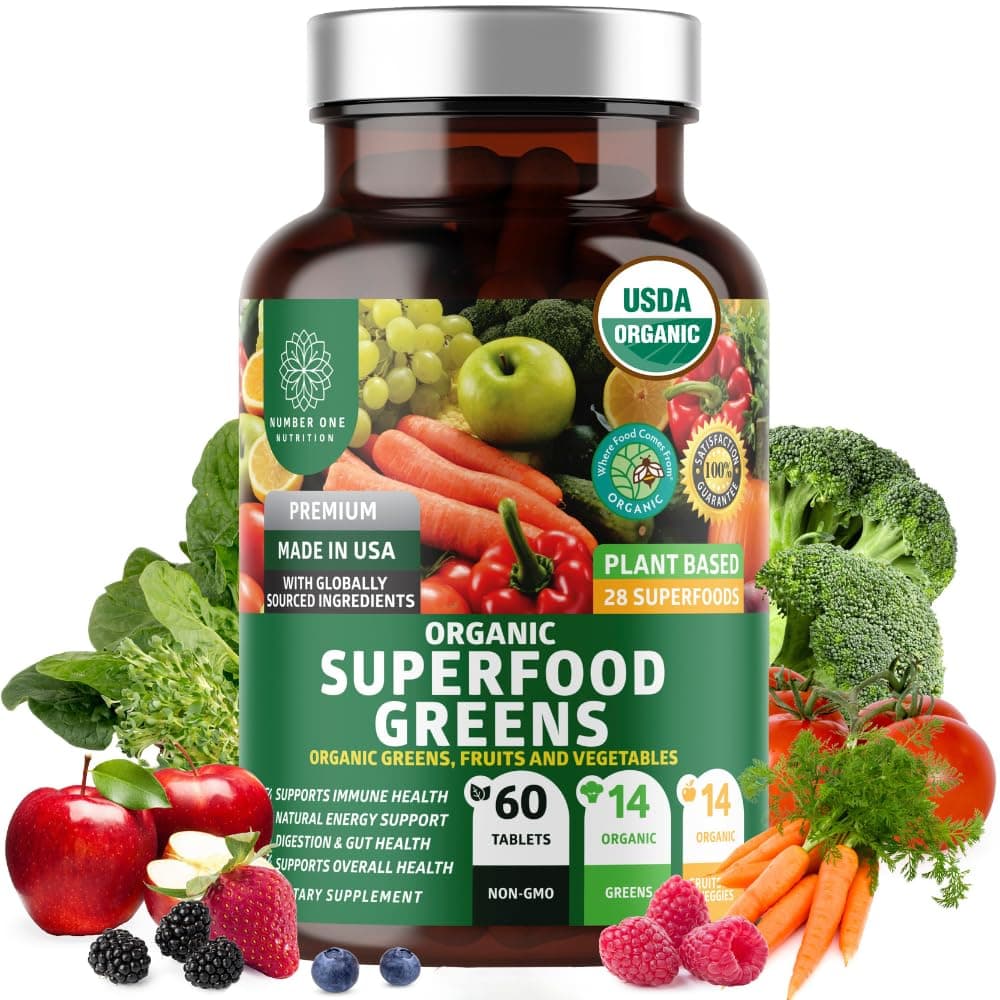 Number One Nutrition USDA Organic and Easy-to-Take Super Greens, Better Than Powder Fruits & Veggies Supplement with 28 Superfood Ingredients Like Alfalfa, Beet Root and Ginger, 60 Tablets