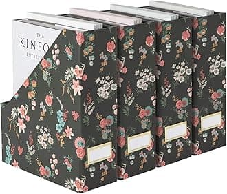 BLU MONACO Set of 4 Foldable Magazine File Boxes with Black Floral Design and Gold Label Holders – Stylish Desk & Shelf Organization for School, Classroom, Home, & Office