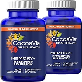 CocoaVia Memory+ Brain Supplement, 60 Days, 750 Mg Cocoa Flavanols, Memory & Brain Booster, Vegan, Plant-Based, 180 Capsules