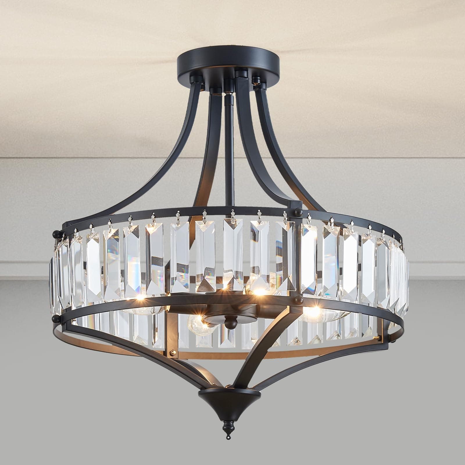 - Black Crystal Chandelier Semi Flush Mount Ceiling Light Fixture Round Rustic Farmhouse 4-Light Mid Century Modern Chandelier for Hallway, Bedroom, Foyer, Entryway, Closet