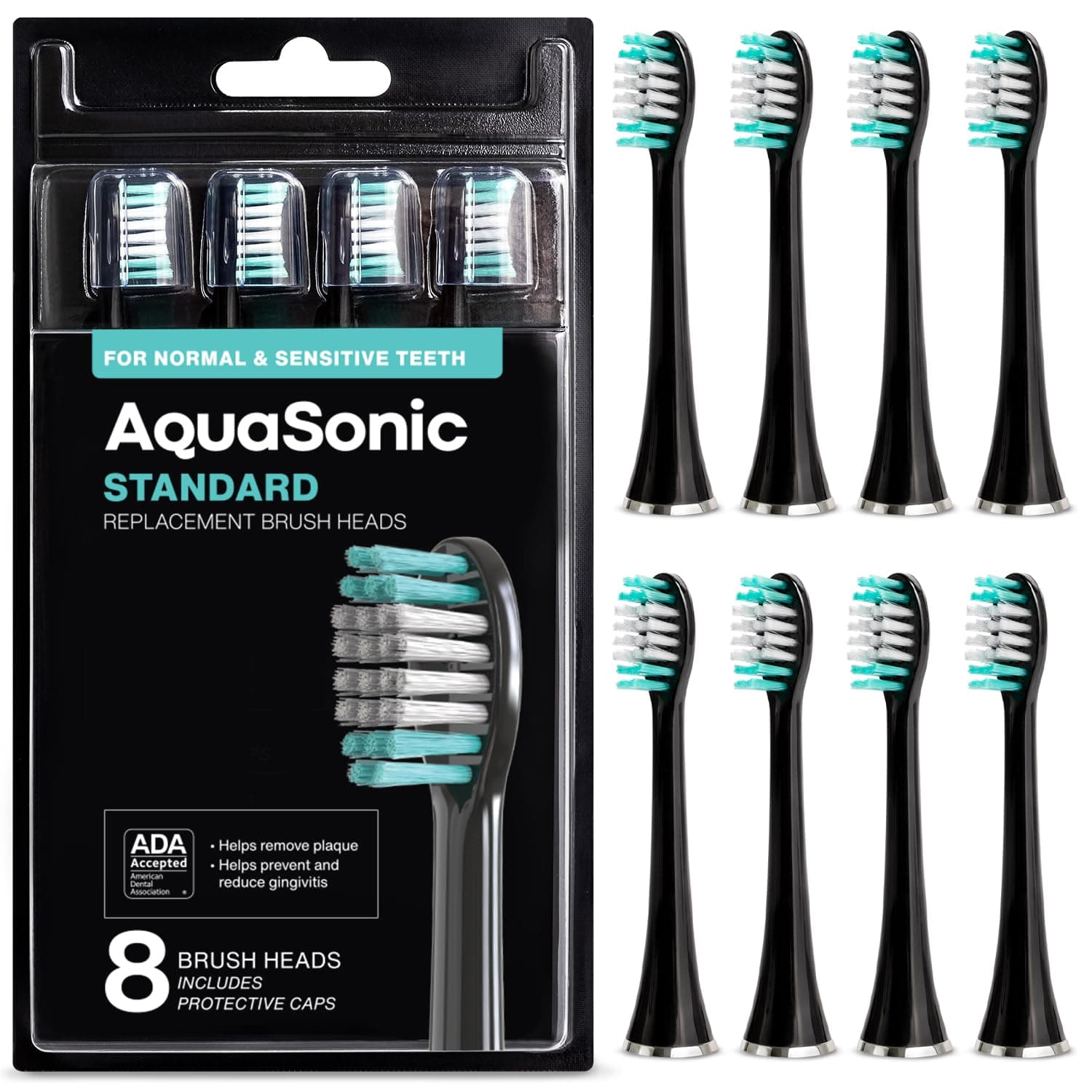 Genuine Standard Replacement Brush Heads | ADA Accepted | for Normal & Sensitive Teeth | Compatible with Many AquaSonic Toothbrush Handles (8 Pack Black)