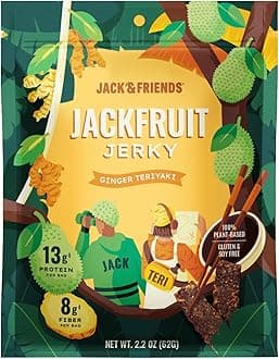 Jack & Friends Jackfruit Jerky - Ginger Teriyaki - 13g Protein - 8g Fiber - 100% Plant Based Jerky - Gluten Free - Soy Free - Vegan - Low Sugar - All Natural Ingredients - 2.2 Oz (Pack of 1)