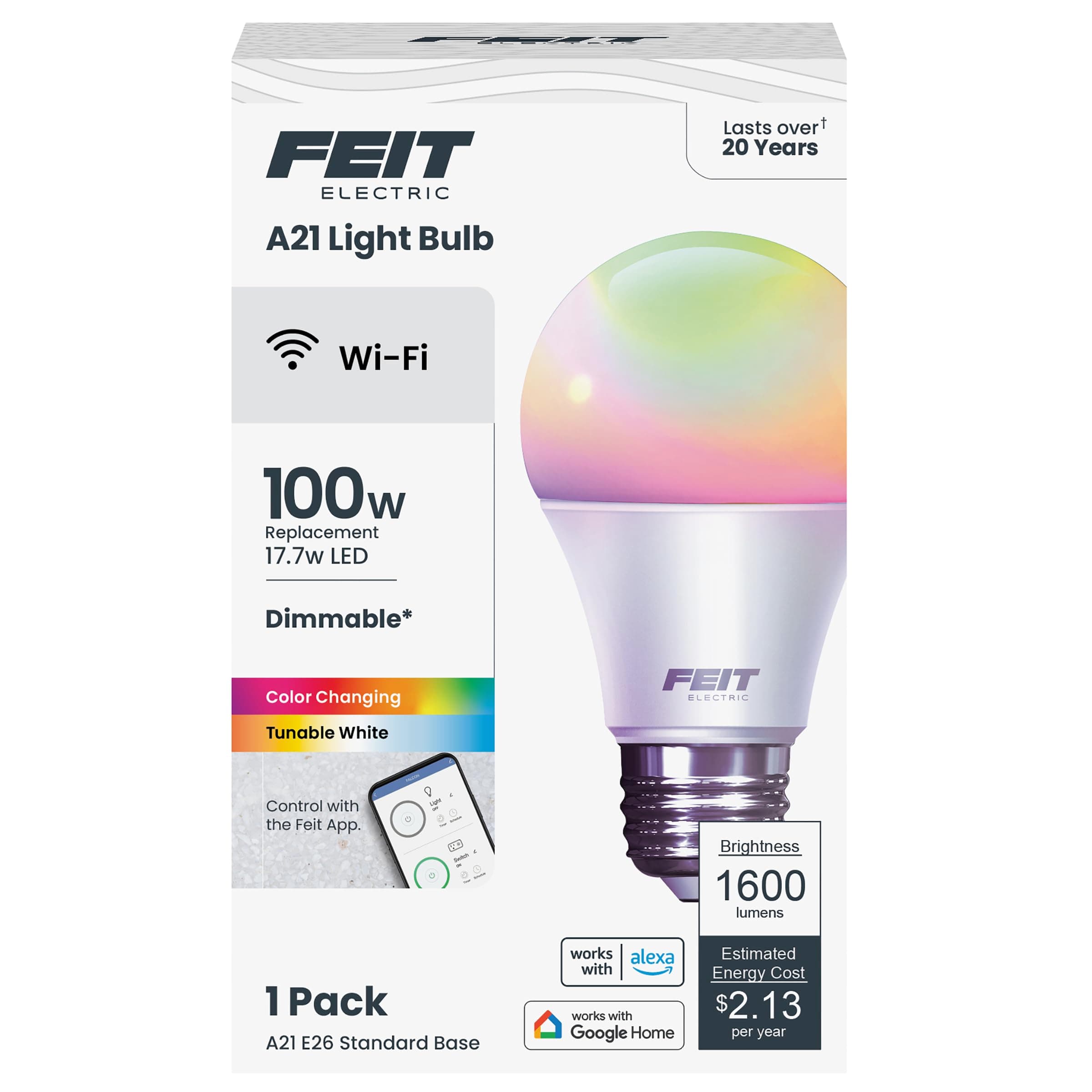 Smart Bulb, 100W Equivalent Color Changing and Tunable White, 2.4Ghz Wifi light bulb, No Hub Needed, Works with Alexa and Google Assistant, High CRI Dimmable LED OM100/RGBW/CA/AG, 1 Pack