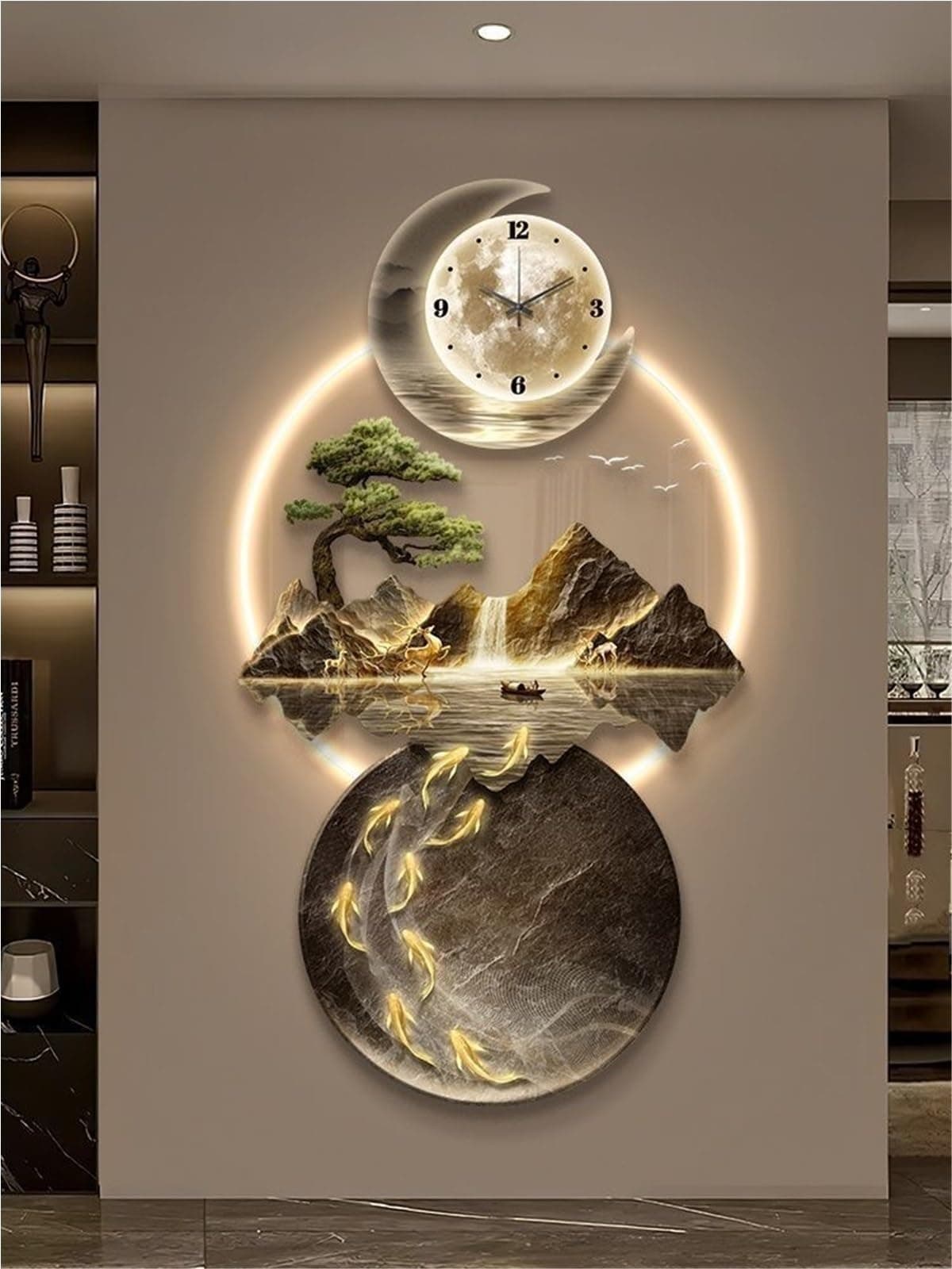 Modern 3D Wall Art Sculpture with LED Light, Plug-in Clock Home Decor, UV Engraved Wall Hanging for Bedroom, Living Room, Apartment(D,19.7"x39.4")