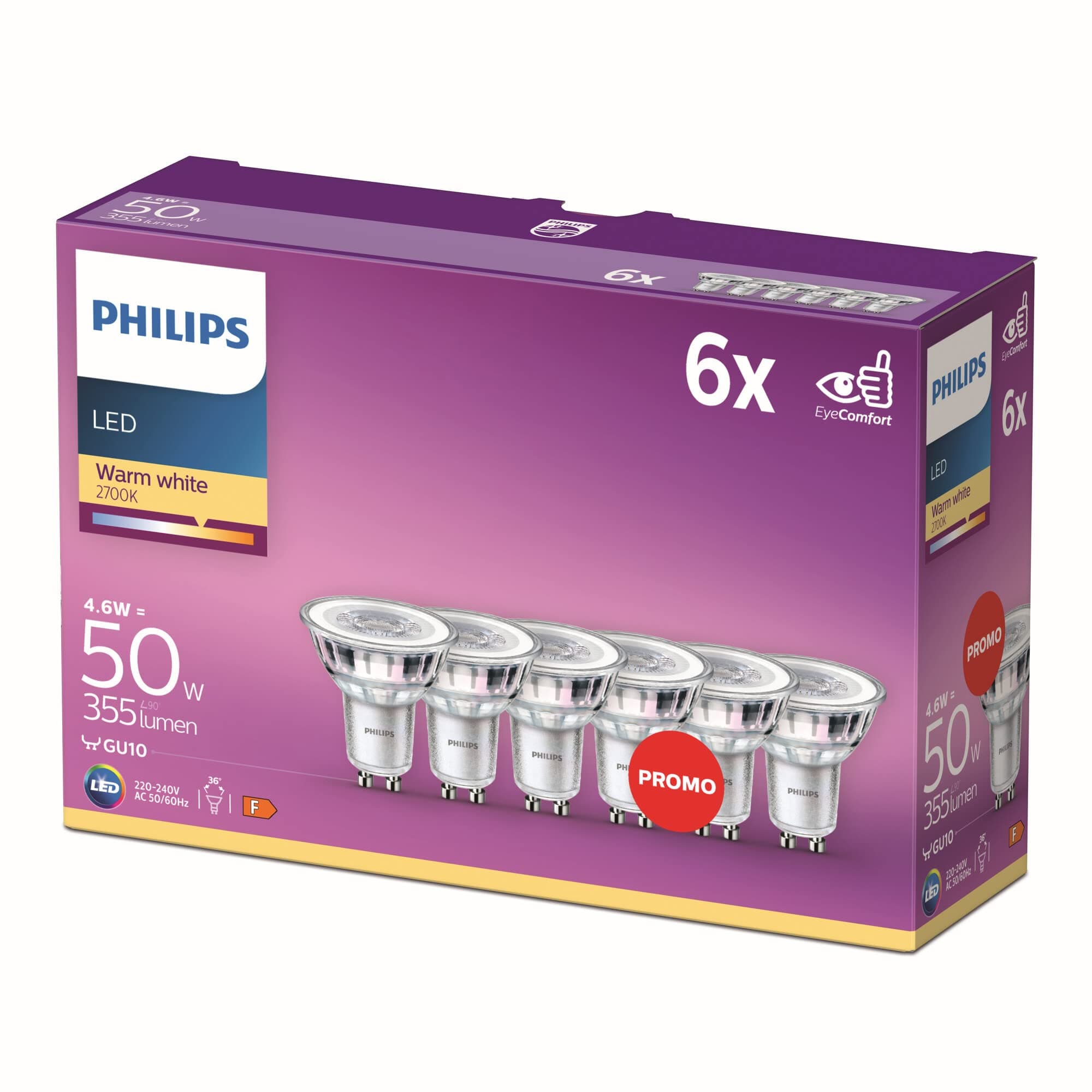 LED Classic Light Bulb 6 Pack [GU10 Spot] 4.6 W - 50 W Equivalent, Warm White (2700K), Non Dimmable, Standard Range