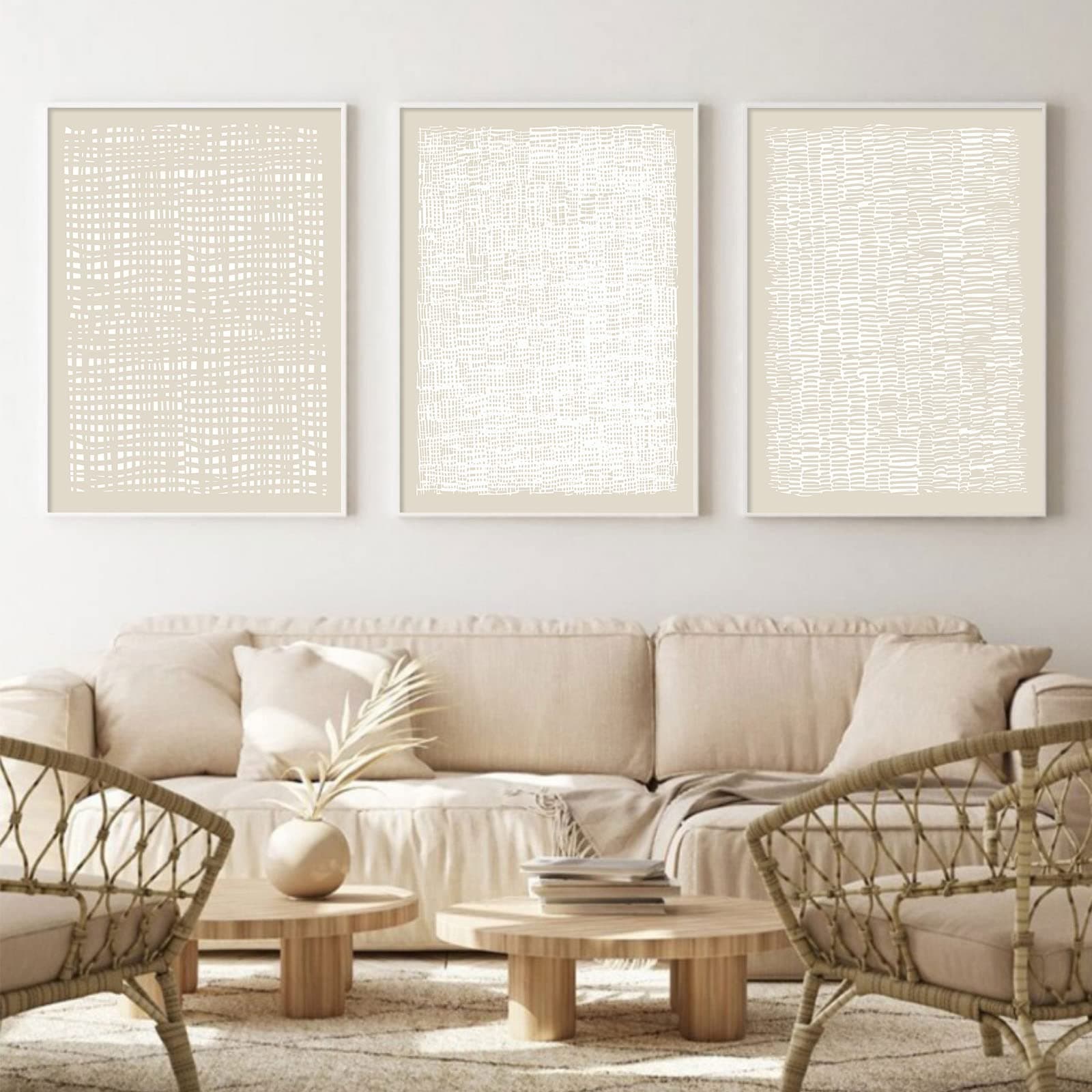Wallvelart Boho Mid Century Modern Abstract Beige And White Canvas Artwork 16x24inchx3 No Frame