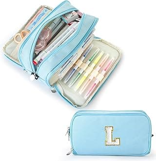 Extra Large Capacity Pencil Case 3 Compartment Initial Pencil Pouch Personalized Cute Aesthetic Stationery Pen Case Bag for School Teen Girl Boy Men Women Gift (L, Blue)