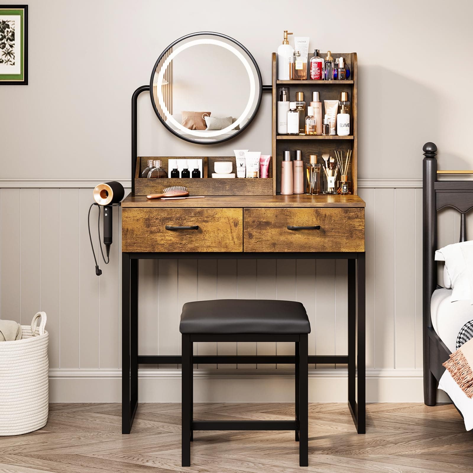 Makeup Vanity Desk with Round Mirror and Lights, White Vanity Makeup Table with 2 Drawers, Small Vanity Table for Bedroom with Lots Storage (Brown and Black, 15.75 * 31.5 * 53.6in)