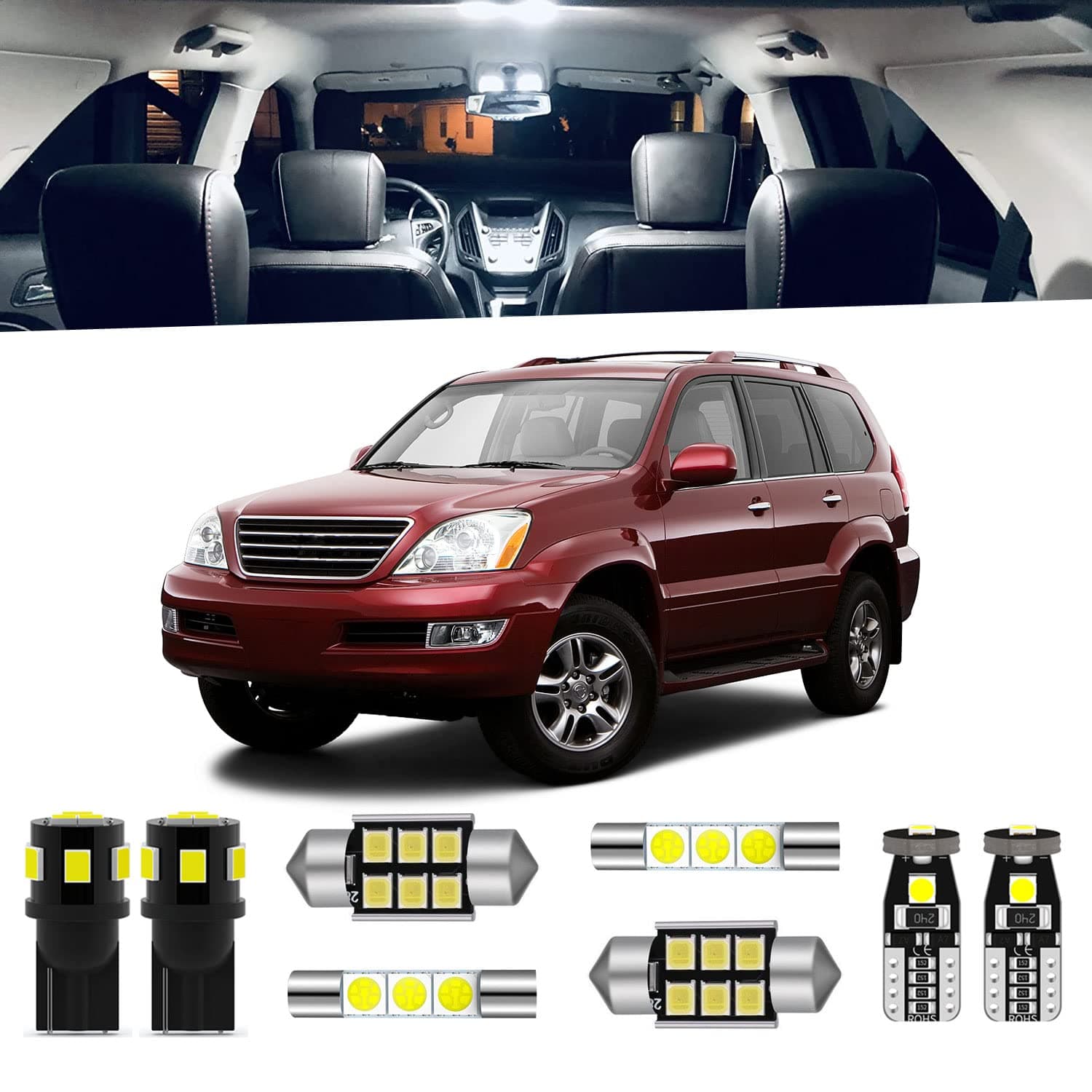 18-Pieces GX470 LED Interior Light Kit Package Compatible with Lexus GX470 2003 2004 2005 2006 2007 2008 2009 White 6000K Interior LED Lighting Package + License Plate Lights, Install Tool