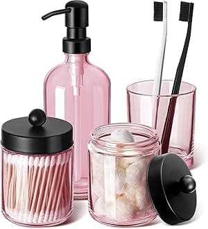 GMISUN Pink Bathroom Accessories Set, 4 Pack Glass Pink Bathroom Decor, Bath Accessory Sets Complete, Soap Dispenser and Toothbrush Holder Set with Labels, Modern Vintage Bathroom Counter Sink Decor