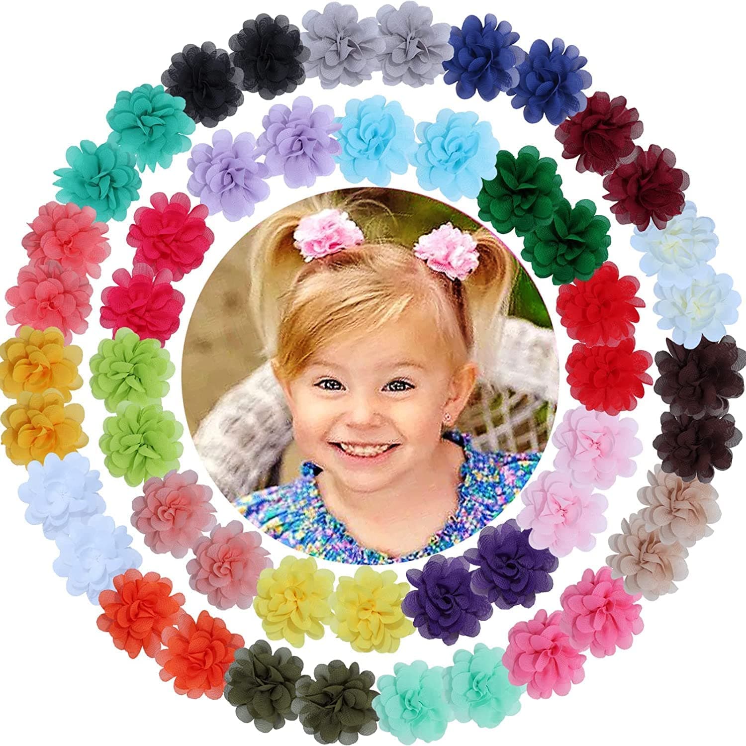 ALinmo 50pcs 2" Chiffon Flower Clips Ribbon Lined Clips Tiny Hair Clips for Baby Girls Infants Toddlers Kids 25 Colors in Pairs