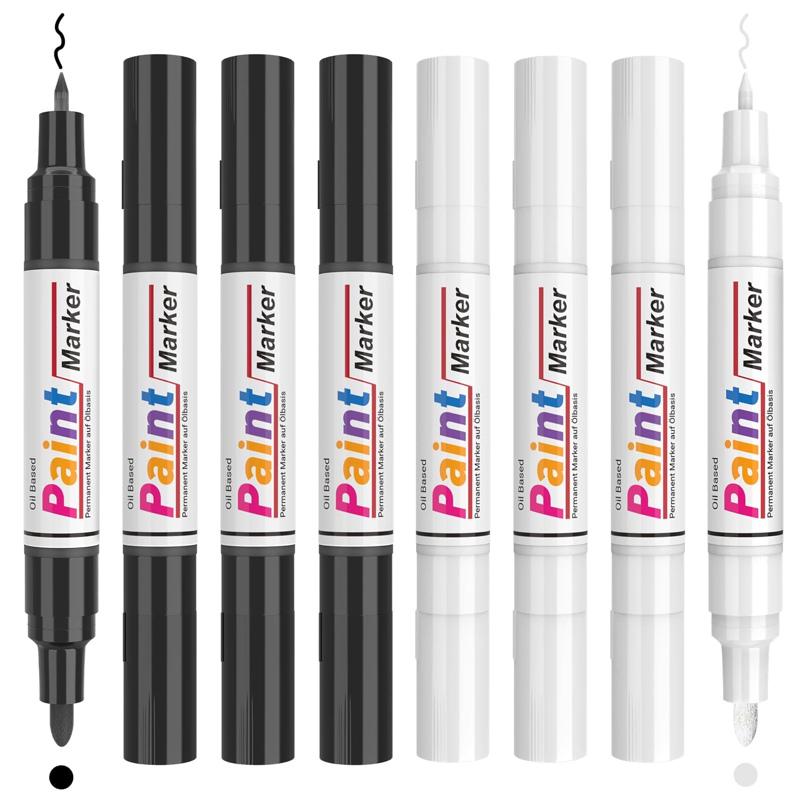 Black & White Permanent Paint Marker, 8 Pack Dual Tip Paint Pens Set, Fine Tip and Medium Tip (0.7mm 2-3mm), Whaterproof, Oil Based Ink, For Metal, Wood, Plastic, Fabric, Tire, Glass (4 Black 4 White)