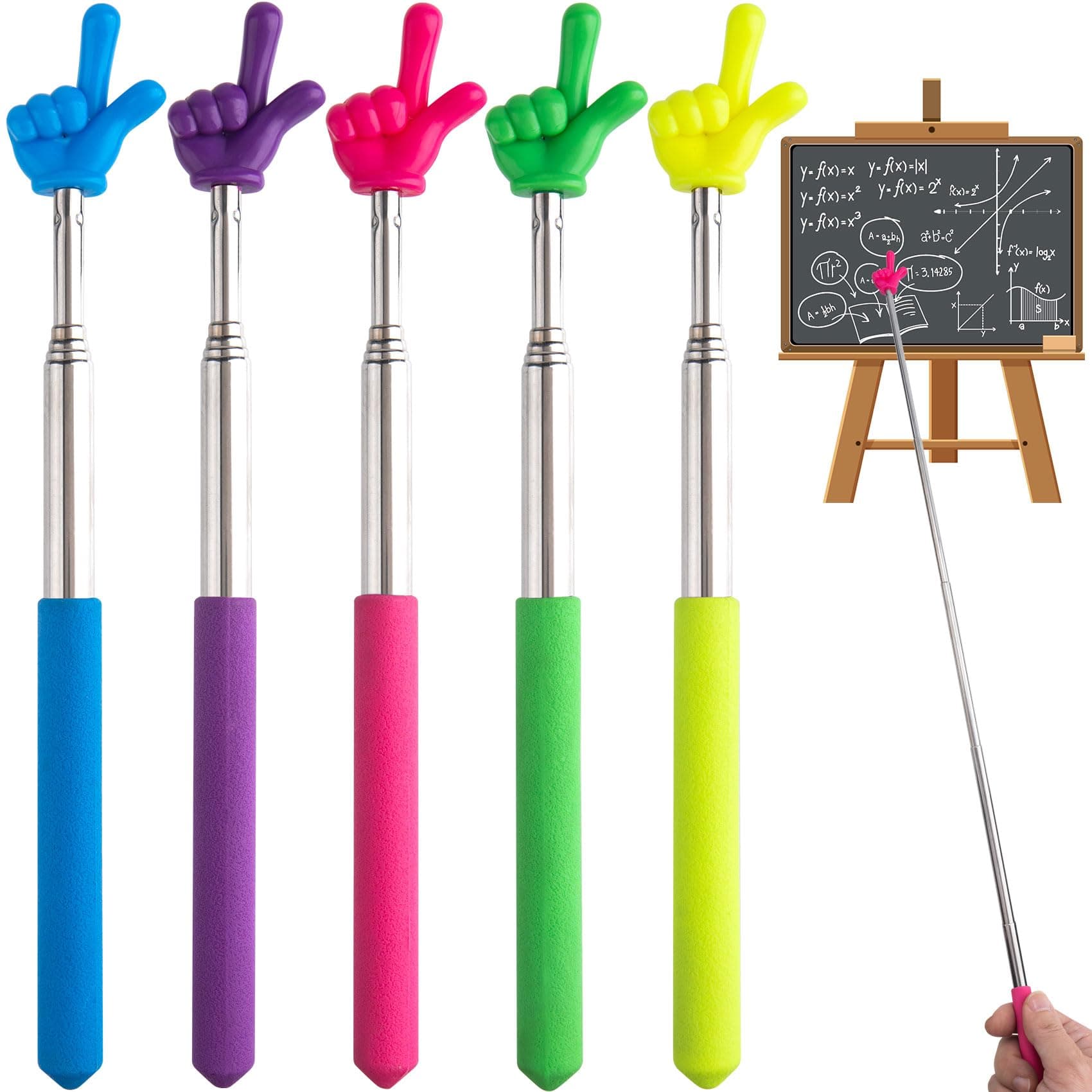 PAGOW 5 Pcs Retractable Teacher Pointer Sticks, 5 Colors Hand Pointer Stick, Student Finger Pointing Sticks, Extendable School Supplies for Reading, Classroom (Blue+Purple+Yellow+Green+Pink)