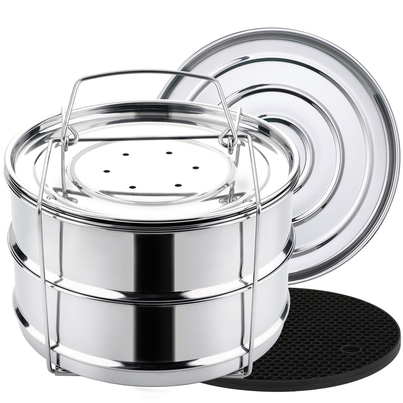 Stackable Steamer Insert Pans with Sling for Instant Pot Accessories 6/8 qt - Pot in Pot, Baking, Casseroles, Lasagna Pans, Food Steamer for Pressure Cooker, Upgrade Interchangeable Lids