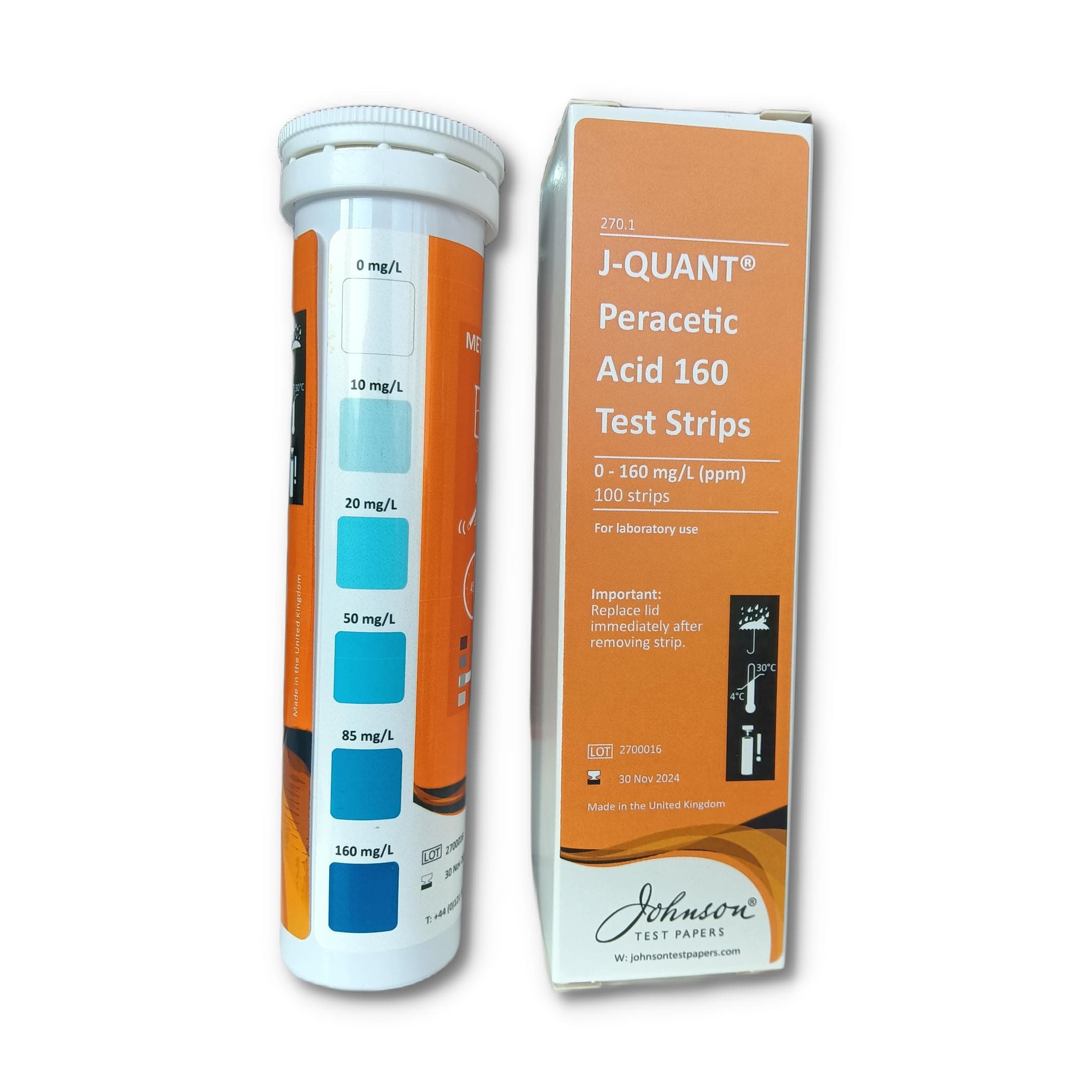 Johnson Peracetic Acid Test Strip, 270.1, J-Quant, 0 to 160 PPM, 100 Strips/Vial