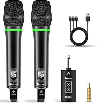 Bietrun Rechargeable Wireless Microphone, Dual Metal Cordless Handheld Dynamic Wireless Mics with 1/4'' Output for Karaoke, Meeting, Singing, Church, Wedding(UHF 240ft Range)(Receiver with Bluetooth)