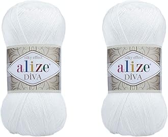 Alize Diva Hand Knitting Yarn - 100% Microfiber Acrylic With Silk Effect - Crochet Art Lace Craft - 2 Skeins, 200gr, 767 Yds (55-White)