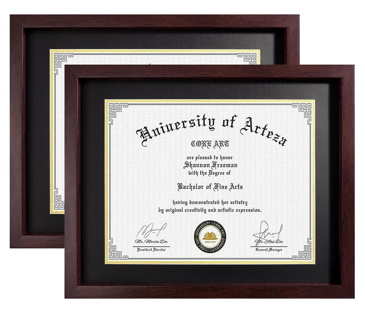 CORE ART 11x14 Diploma Frame Display Certificates 8.5 x 11 with Mat or 11 x 14 without Mat, College Degree Frame with Real Glass, Wall and Tabletop Display(Brown, 2 Pack)