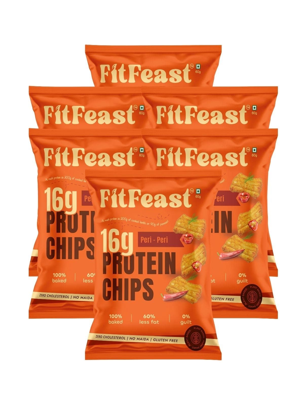Protein Chips - Peri Peri Flavour | Pack of 6 x 60 g Each | 16g Plant Protein Per Pack | Baked Chips, Not Fried | Multigrain Healthy Snacks | As Seen on Shark Tank