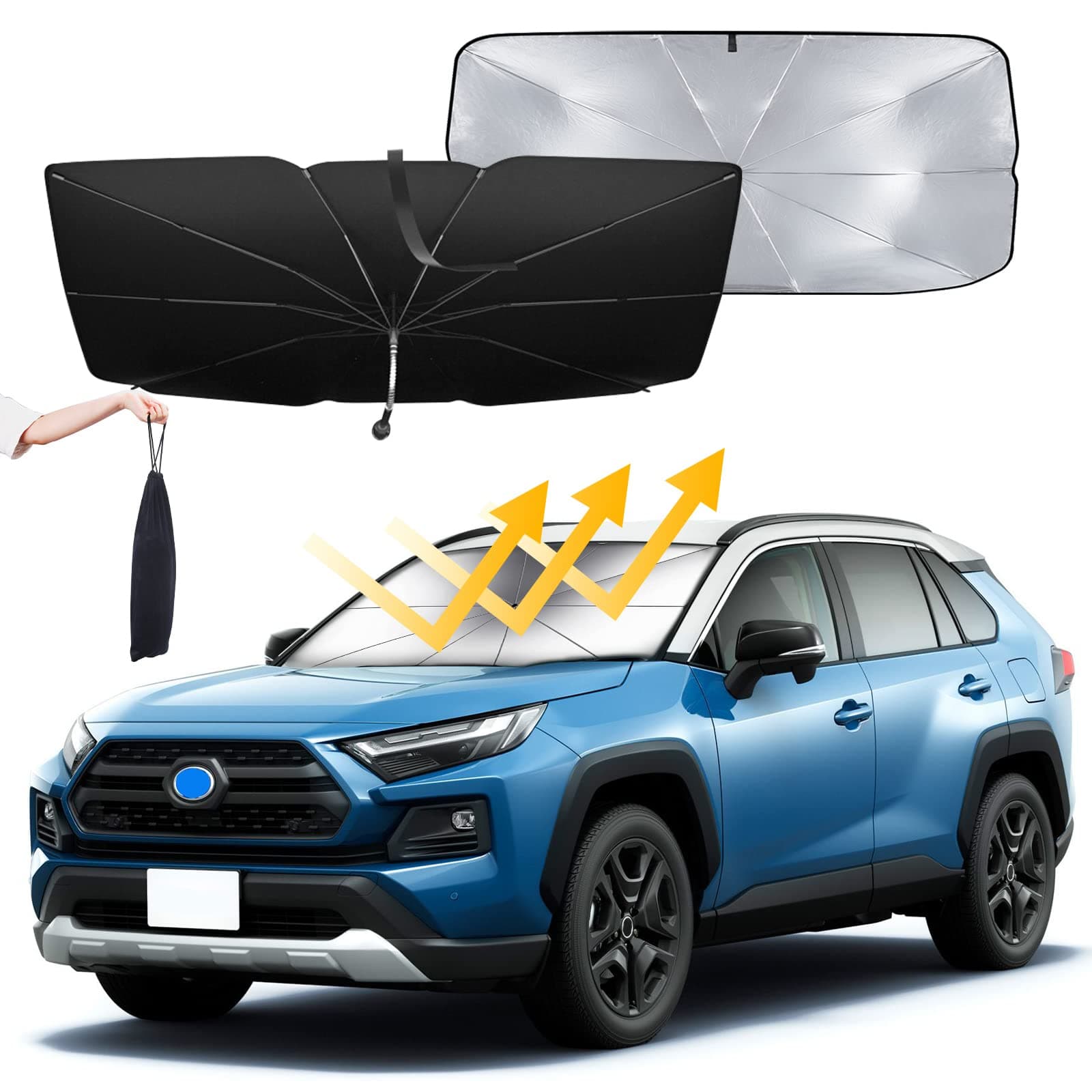 Car Windshield Sun Shade, Upgraded Shade Umbrella 360° Rotatable, Foldable Block UV & Heat, Full Cover Front for Most Vehicle