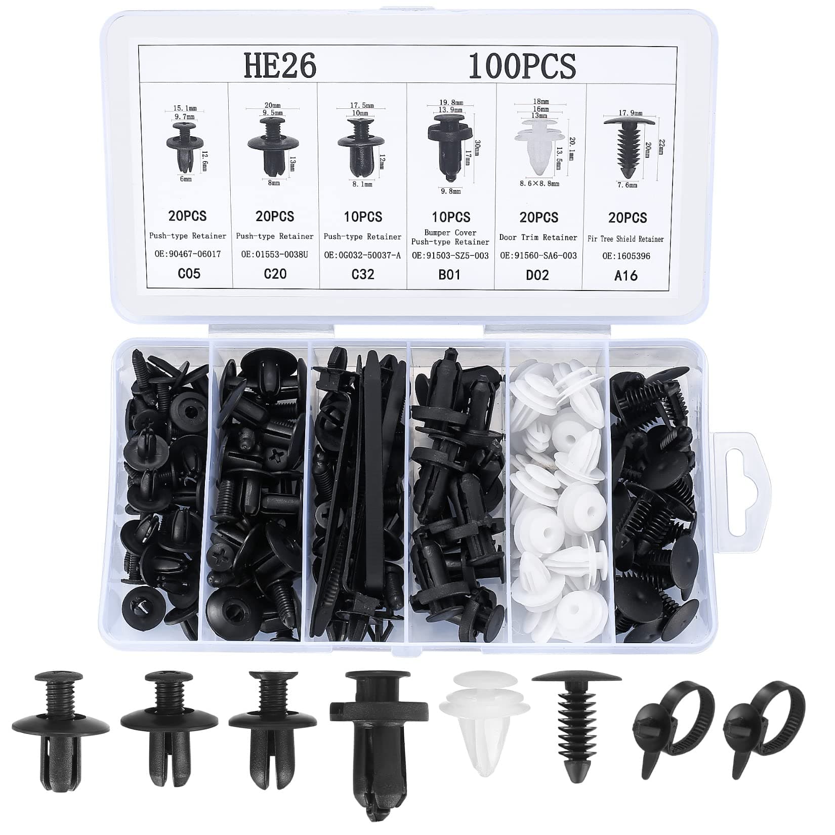 100 Pcs Car Retainer Clips, with 5 Fixing Ties, Plastic Car Body Trim Clips, Universal Car Auto Body Fastener Rivet Trim Clips for Car Door Bumper Panel Retainer Clips Fasteners Rivets